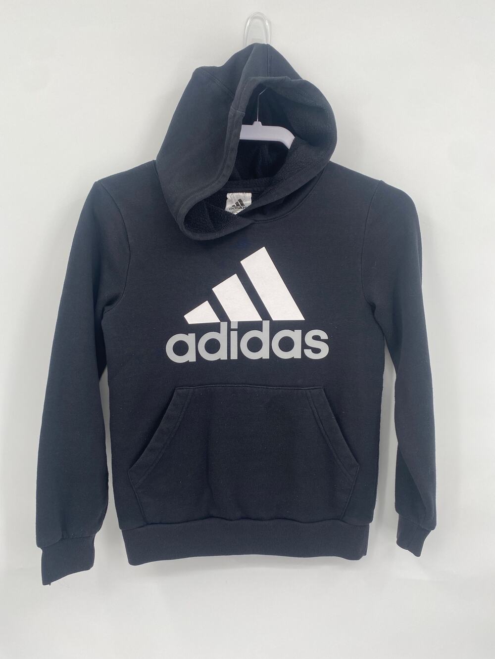 adidas Boys' Essential Hooded Pullover Sweatshirt Black White Logo M 10/12